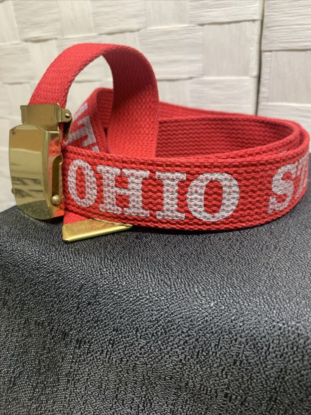Vintage Ohio State Adjustable Red/White Belt Solid Brass Buckle 41 Inches Long